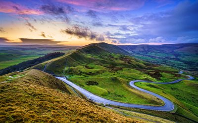 Chrome Hill, 4k, puesta de sol, Parkhouse Hill, la hermosa naturaleza, el Peak District, y el Parque Nacional, Derbyshire, Inglaterra, Gran Breta&#241;a, Europa, HDR