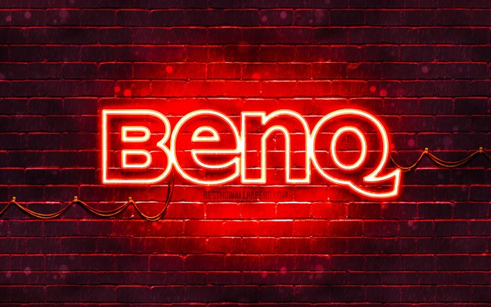 Benq red logo, 4k, red brickwall, Benq logo, brands, Benq neon logo, Benq