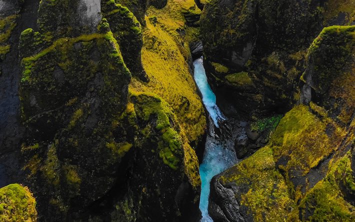 rocce, montagne, fiume di montagna, Islanda, verde muschio, pietra