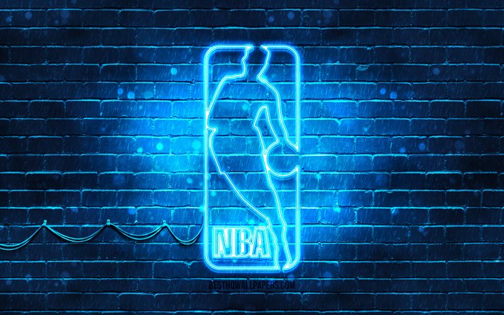 NBA blue logo, 4k, blue brickwall, National Basketball Association, NBA logo, american basketball league, NBA neon logo, NBA