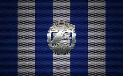 Oita Trinita logo, Japanese football club, metal emblem, blue white metal mesh background, Oita Trinita, J1 League, Oita, Japan, football, Japan Professional Football League