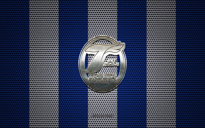 oita trinita-logo, japanische fu&#223;ball-club, metall-emblem, blau-wei&#223;en metall mesh-hintergrund, oita trinita, j1 league, oita, japan, fu&#223;ball, japan professional football league