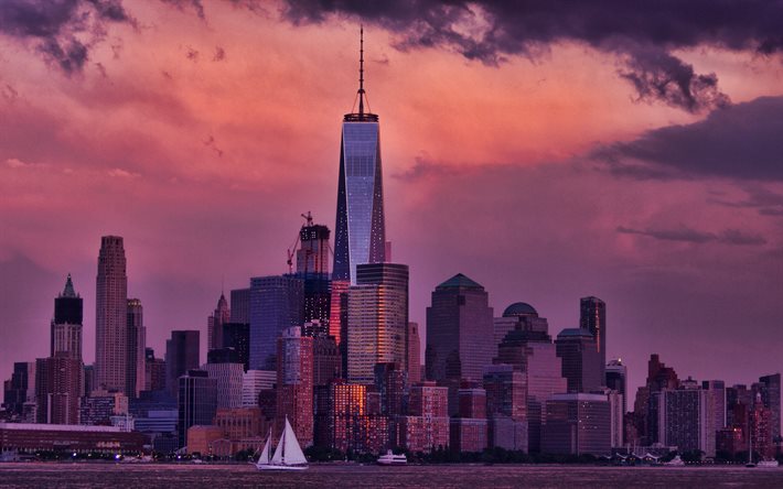 One World Trade Center, Manhattan, New York, kv&#228;ll, sunset, skyskrapor, En WTC, moderna byggnader, lila himlen, NYC, vacker solnedg&#229;ng, New York-staden, New York skyline, USA