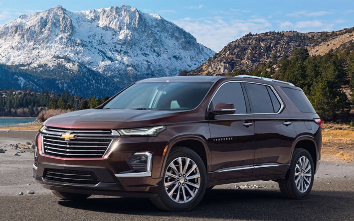 Chevrolet Traverse, 2021, exterior, front view, SUV, new burgundy Traverse, american cars, Chevrolet