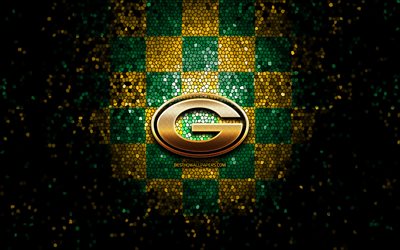 Green Bay Packers, glitter logo, NFL, green yellow checkered background, USA, american football team, Green Bay Packers logo, mosaic art, american football, America