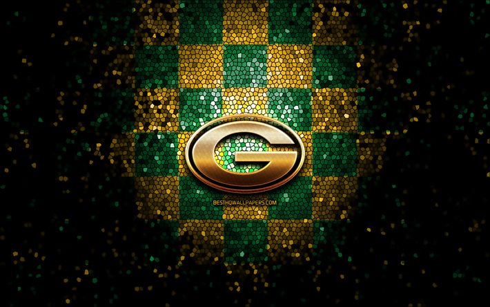 Green Bay Packers, glitter logotyp, NFL, gr&#246;n / gul rutig bakgrund, USA, amerikansk fotboll, Green Bay Packers logotyp, mosaik konst, Amerika
