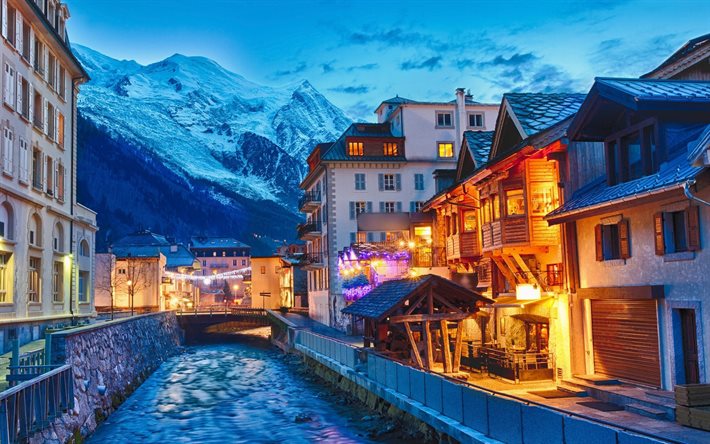 Chamonix-Mont-Blanc, evening, mountains, french cities, Europe, France, winter