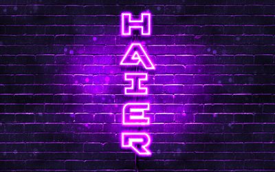 4K, Haier viola logo, testo verticale, viola, brickwall, Haier neon logo, creativo, Haier logo, la grafica, Haier