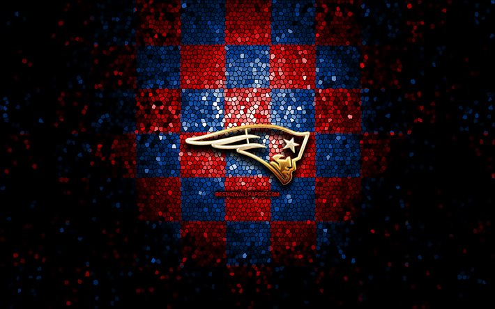 New England Patriots, glitter logo, NFL, blue red checkered background, USA, american football team, New England Patriots logo, mosaic art, american football, America