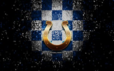 Indianapolis Colts, glitter logo, NFL, blue white checkered background, USA, american football team, Indianapolis Colts logo, mosaic art, american football, America