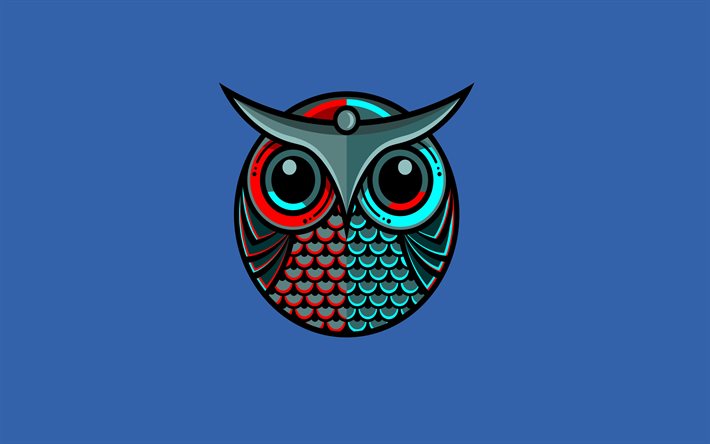 4k, cartoon owl, creative, minimal, blue background, owl minimalism, artwork, owl