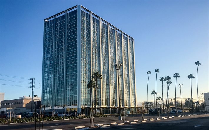 Panorama Tower, Los Angeles, moderna byggnader, modern arkitektur, sunset, kv&#228;ll, Kalifornien, USA