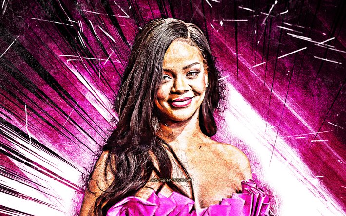 4k, Rihanna, 2020 grunge de l&#39;art, de la musique, des stars, violet abstrait rayons, american sincer, œuvres d&#39;art, american c&#233;l&#233;brit&#233;, Robyn Rihanna Fenty, de la beaut&#233;, Rihanna 4K