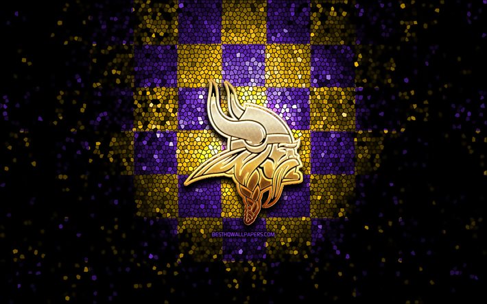 Minnesota Vikings, glitter logotipo, NFL, violeta amarelo fundo quadriculado, EUA, time de futebol americano, Minnesota Vikings logotipo, arte em mosaico, futebol americano, Am&#233;rica
