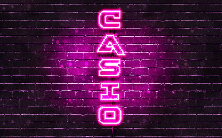 4K, Casio roxo logotipo, texto vertical, roxo brickwall, Casio neon logotipo, criativo, Casio logotipo, obras de arte, Casio