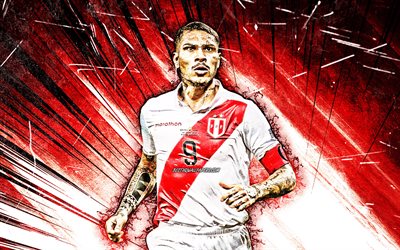 4k, Paolo Guerrero, grunge art, Peru National Team, footballers, Jose Paolo Guerrero Gonzales, soccer, red abstract rays, 2019 Copa America, Peruvian football team, Paolo Guerrero 4K