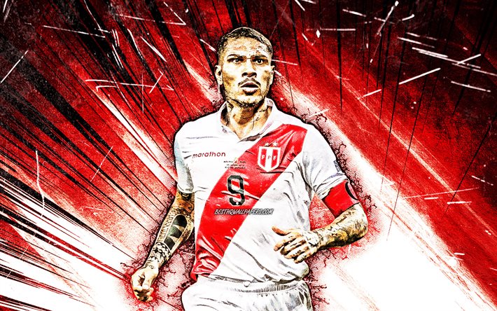 4k, paolo guerrero, grunge, art, peru national team, footballers, jose paolo guerrero gonzales, soccer, red abstract rays, 2019 copa america, peruvian football-team, paolo guerrero 4k