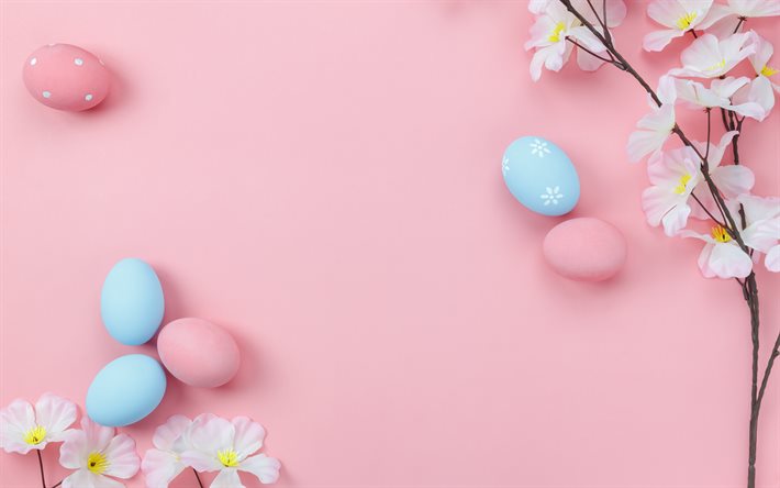 pink background with easter eggs, spring, easter, spring flowers, easter eggs