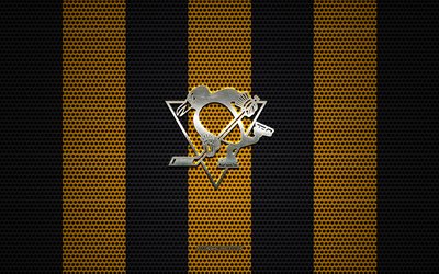 Pittsburgh Penguins-logo, American hockey club, metalli-tunnus, keltainen-musta metalli mesh tausta, Pittsburgh Penguins, NHL, Pittsburgh, Pennsylvania, USA, j&#228;&#228;kiekko