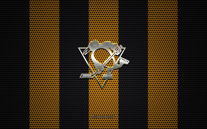 Pittsburgh Penguins logo, American hockey club, metal emblem, yellow-black metal mesh background, Pittsburgh Penguins, NHL, Pittsburgh, Pennsylvania, USA, hockey