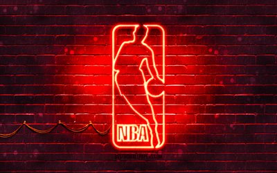 NBA logo rosso, 4k, rosso, brickwall, Associazione Nazionale di Basket, logo NBA, la lega professionistica americana, NBA neon logo NBA