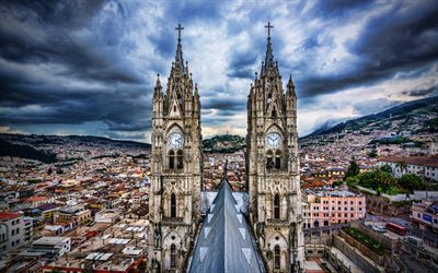 Quito, 4k, Basilica Del Voto Nacional, kaupunkimaisemat, Ecuadorin p&#228;&#228;kaupunki, HDR, ecuadorin kaupungit, Etel&#228;-Amerikassa, Ecuador