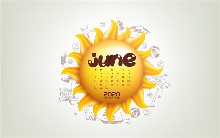 2020 يونيو التقويم, 3d الشمس, الصيف, حزيران / يونيه, الصيفية 2020 التقويمات, حزيران / يونيه 2020 التقويم, الصيف الخلفية