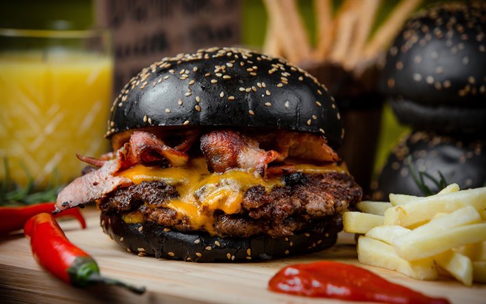 black burger, 4k, fastfood, une macro, un sandwich avec de la viande, burger