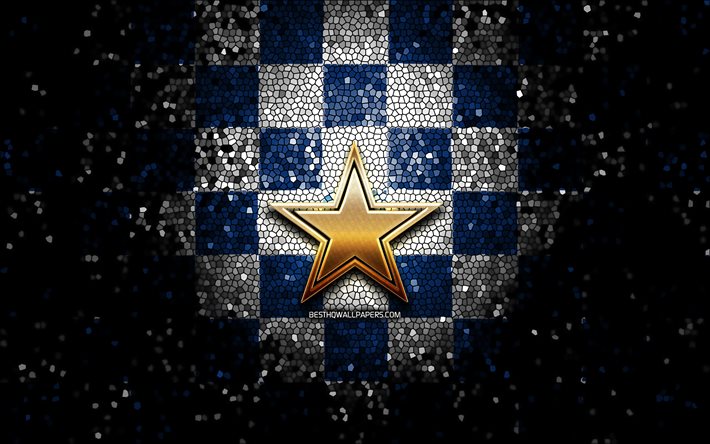 Dallas Cowboys, glitter logotyp, NFL, bl&#229;-vit rutig bakgrund, USA, amerikansk fotboll, Dallas Cowboys logotyp, mosaik konst, Amerika