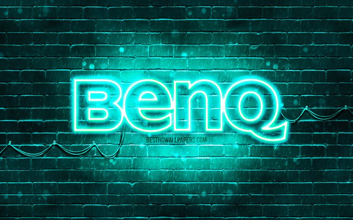 Benqターコイズブルーロゴ, 4k, ターコイズブルー brickwall, Benqロゴ, ブランド, Benqネオンのロゴ, Benq