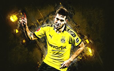 Raphael Guerreiro, Borussia Dortmund, BVB, portuguese soccer player, portrait, yellow stone background, Bundesliga, Germany, football