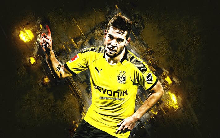 Raphael Guerreiro, O Borussia Dortmund, BVB, portuguesa jogador de futebol, retrato, pedra amarela de fundo, Bundesliga, Alemanha, futebol