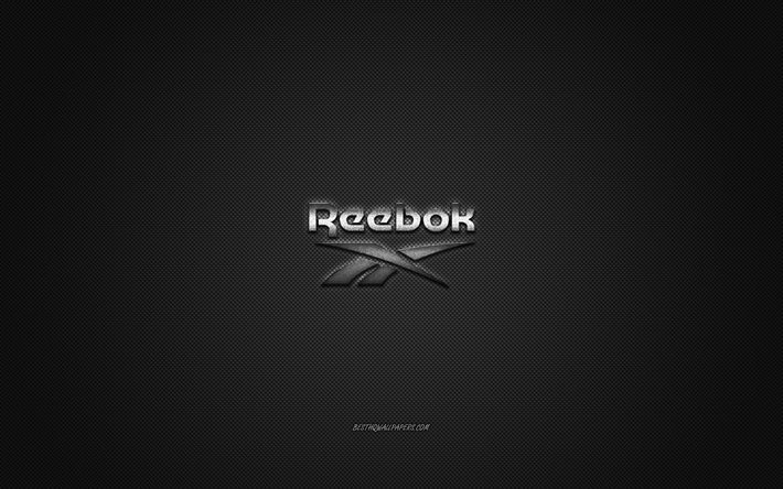 Reebok logo, metal emblem, apparel brand, black carbon texture, global apparel brands, Reebok, fashion concept, Reebok emblem