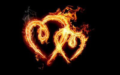 two hearts, fiery hearts, love concepts, black backgrounds, 3D art, hearts in fire, 3D hearts, artwork, hearts