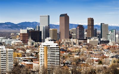 Denver, Rep&#250;blica Plaza, Qwest Torre, 1801 Calif&#243;rnia Rua, Wells Fargo Center, arranha-c&#233;us, noite, p&#244;r do sol, edif&#237;cios modernos, Denver paisagem urbana, horizonte, Colorado, EUA