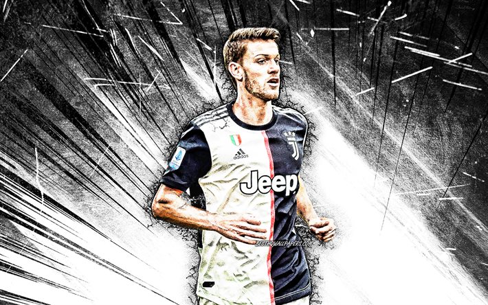 Daniele Rugani, 4k, grunge art, Juventus FC, italian footballers, soccer, Serie A, Italy, Daniele Rugani 4K, white abstract rays, football, Juve, Bianconeri