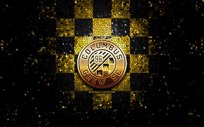 Columbus Crew FC, glitter logotipo, MLS, amarelo preto fundo quadriculado, EUA, time de futebol americano, Columbus Crew, Major League Soccer, Impact de Montreal logotipo, arte em mosaico, futebol, Am&#233;rica