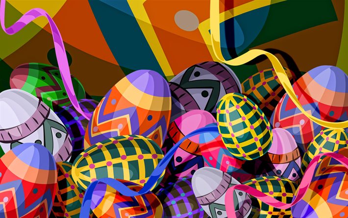 abstract easter eggs, 3D art, creative, easter attributes, artwork, Happy Easter, colorful ribbons, easter eggs