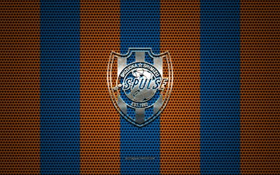 Shimizu S-Pulse logo, Japanese football club, metal emblem, blue orange metal mesh background, Shimizu S-Pulse, J1 League, Shizuoka, Japan, football, Japan Professional Football League