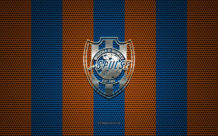 Shimizu S-Pulse logotipo, Japon&#234;s futebol clube, emblema de metal, azul laranja met&#225;lica de malha de fundo, Shimizu S-Pulse, J1 League, Shizuoka, Jap&#227;o, futebol, Jap&#227;o Profissional Da Liga De Futebol