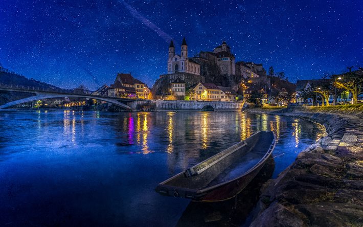 Aarburg Castello, 4k, paesaggi notturni, citt&#224; svizzere, Aarburg, cantone di Argovia, in Svizzera, in Europa, il cielo stellato, Aarburg notte