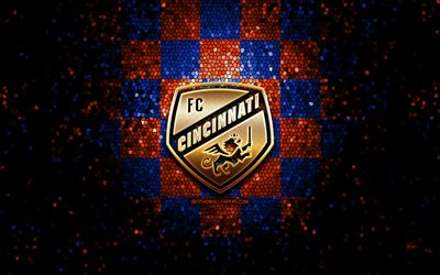 Cincinnati FC, glitter logo, MLS, blue orange checkered background, USA, american soccer team, FC Cincinnati, Major League Soccer, FC Cincinnati logo, mosaic art, soccer, football, America