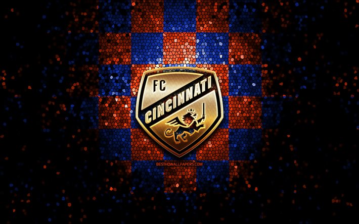 Cincinnati FC, glitter logo, MLS, blue orange checkered background, USA, american soccer team, FC Cincinnati, Major League Soccer, FC Cincinnati logo, mosaic art, soccer, football, America