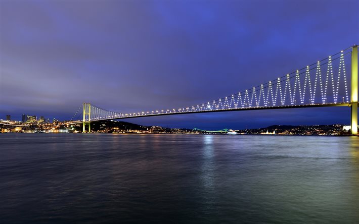 Bosphorus, Istanbul, Bosporen-Bron, 15 Juli Martyrer Bridge, F&#246;rsta Bron, kv&#228;ll, sunset, suspension bridge, Turkiet