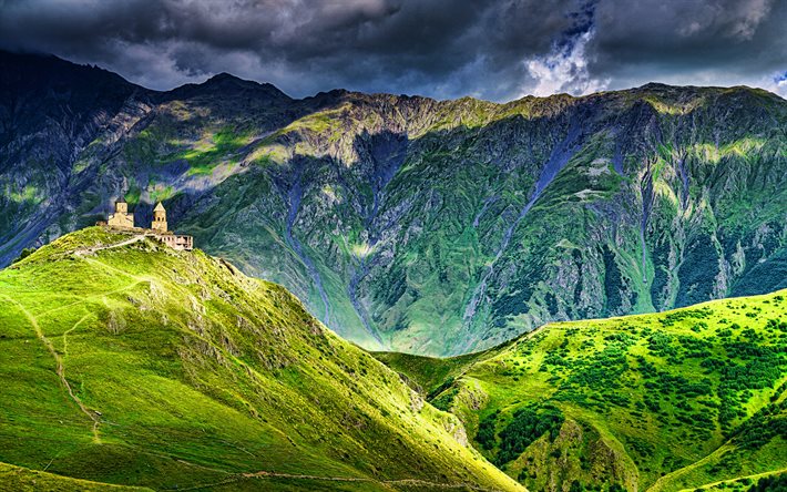 Kazbegi National Park, 4k, beautiful nature, HDR, Caucasus range, Khevi Province, mountains, Georgia, Asia, georgian nature