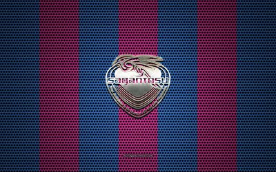 Sagan Tosu logo, Japanese football club, metal emblem, blue pink metal mesh background, Sagan Tosu, J1 League, Tosu, Japan, football, Japan Professional Football League