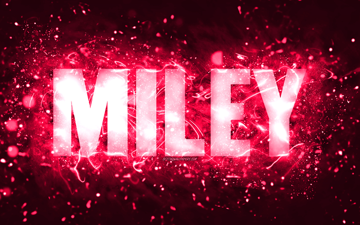 buon compleanno miley, 4k, luci al neon rosa, nome miley, creativo, miley buon compleanno, miley compleanno, nomi femminili americani popolari, foto con nome miley, miley