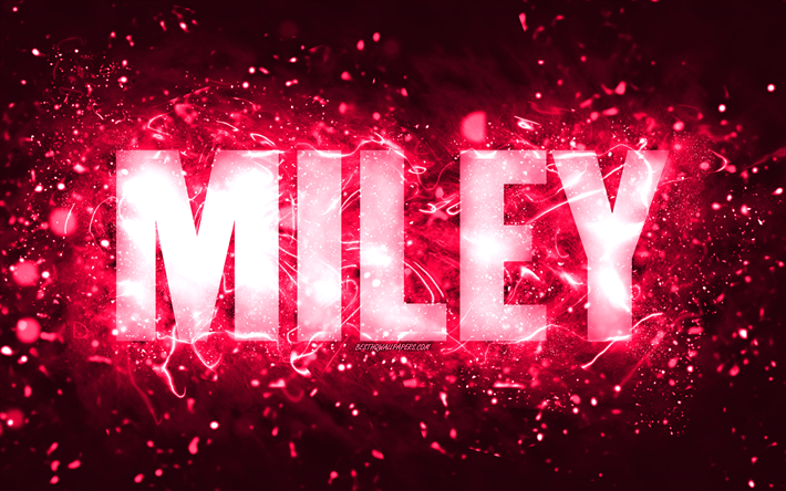 alles gute zum geburtstag miley, 4k, rosa neonlichter, miley-name, kreativ, miley happy birthday, miley-geburtstag, beliebte amerikanische weibliche namen, bild mit miley-namen, miley