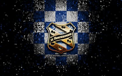 SC Heerenveen, glitter logo, BeNe League, blue white checkered background, hockey, dutch hockey team, SC Heerenveen logo, mosaic art