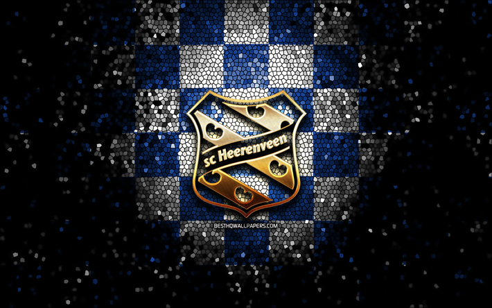 sc heerenveen, logo scintillant, bene league, fond bleu &#224; carreaux blancs, hockey, &#233;quipe de hockey n&#233;erlandaise, logo sc heerenveen, art de la mosa&#239;que